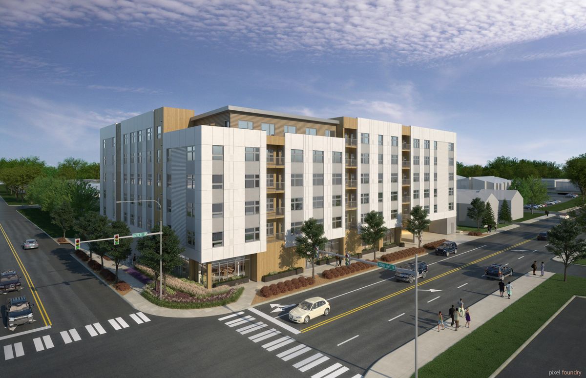 Senior living community in Edmonds featuring urban architecture, condos, and traffic intersection.