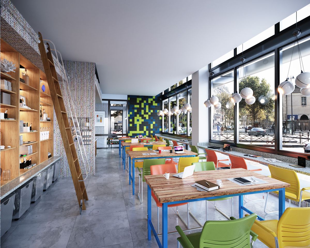 Interior view of Elegance Berkeley senior living community featuring a stylish cafe and dining area.