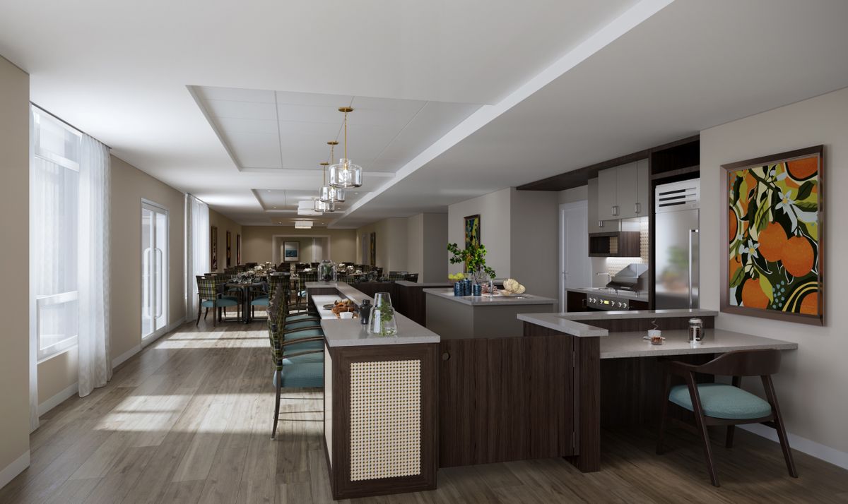 Elegant interior design of Berkeley senior living community featuring dining room, kitchen, and art.