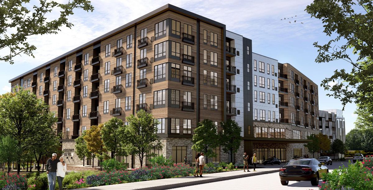 Senior living community, Brightview Hunt Valley, featuring high-rise condos, urban architecture, and local amenities.