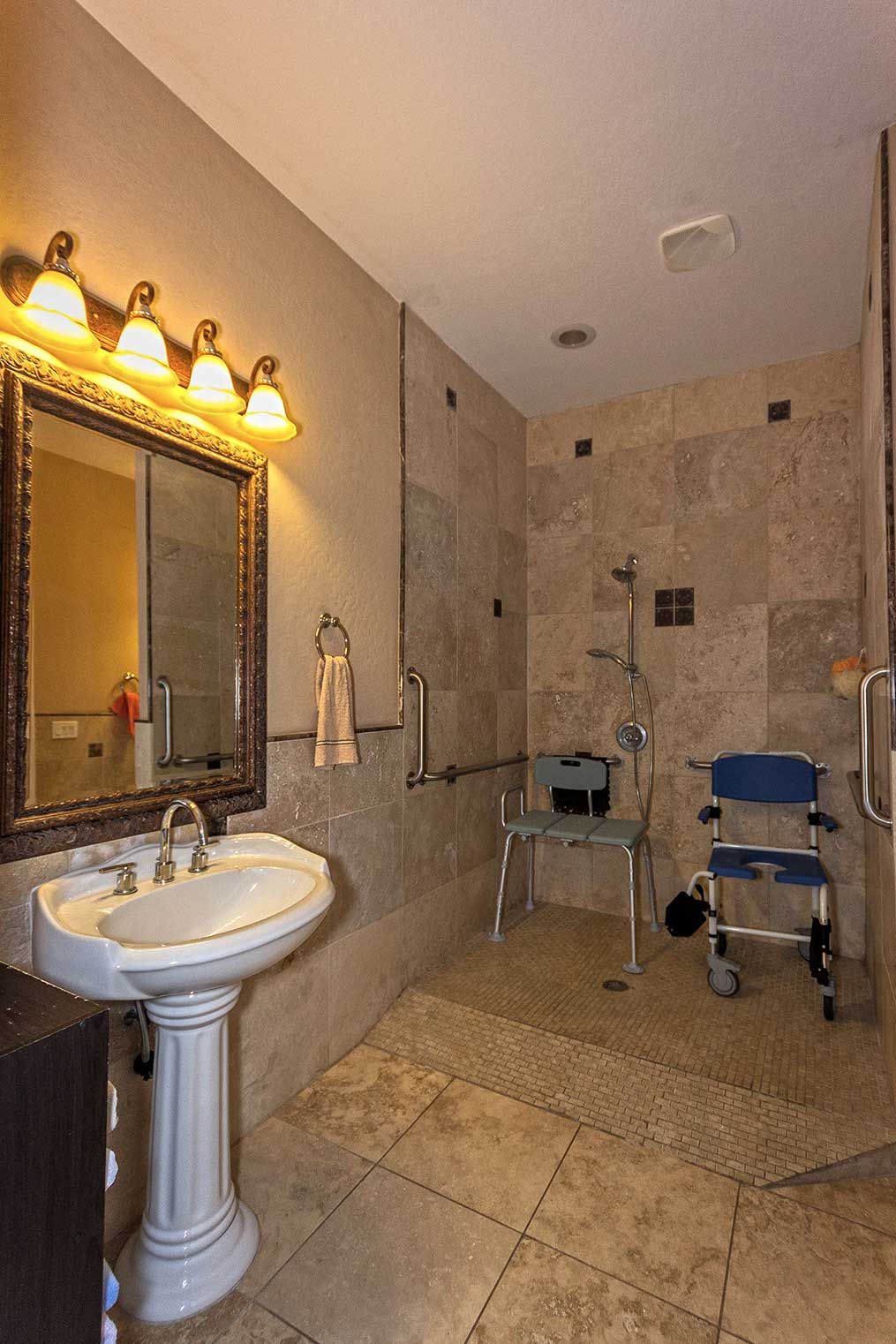 All showers are roll in and tiled.
