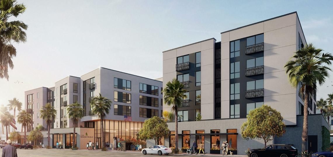 Senior living community, Westmont of Culver City, featuring urban architecture and transportation.