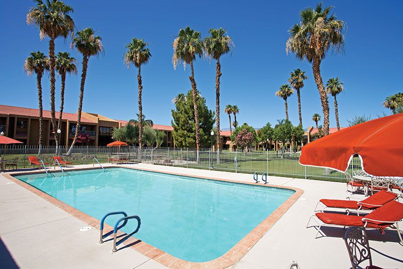 Senior living community, The Carlotta, featuring resort-style pool and lush greenery at Ivy Signature Living.