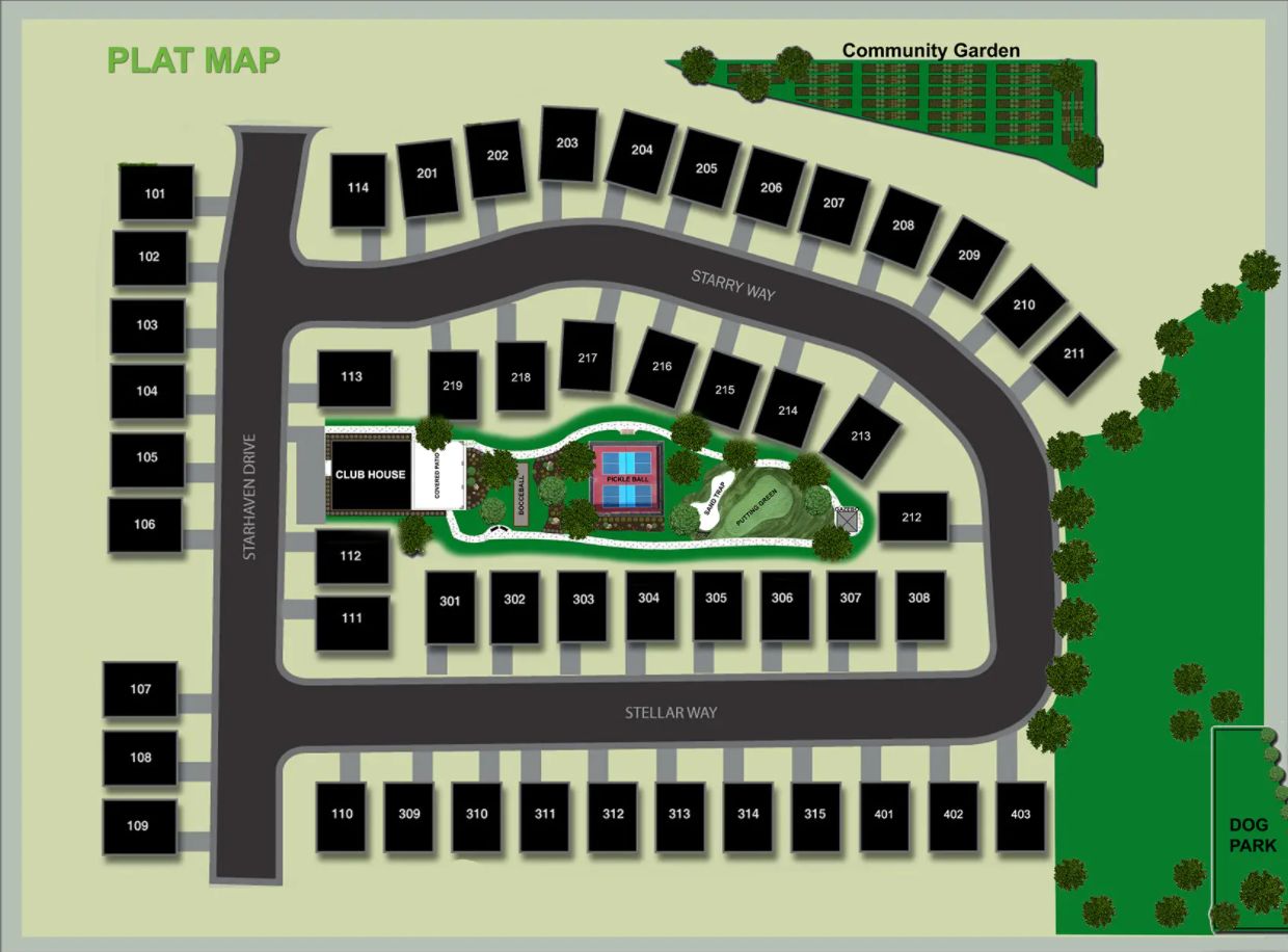 Here is our current plat map showing various areas of the community.