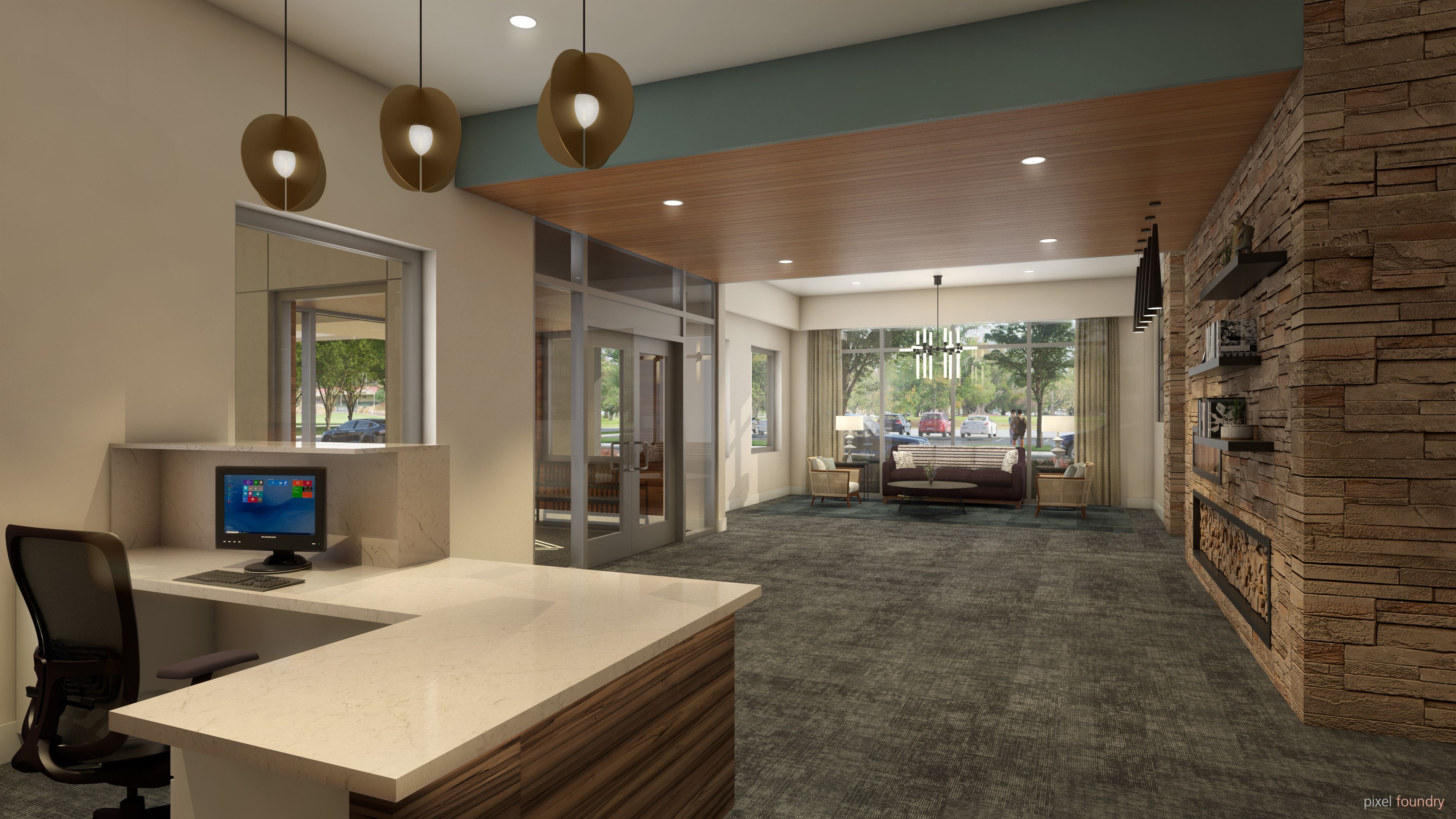 Senior living room interior at Anthology of Edmonds with modern furniture, electronics, and decor.