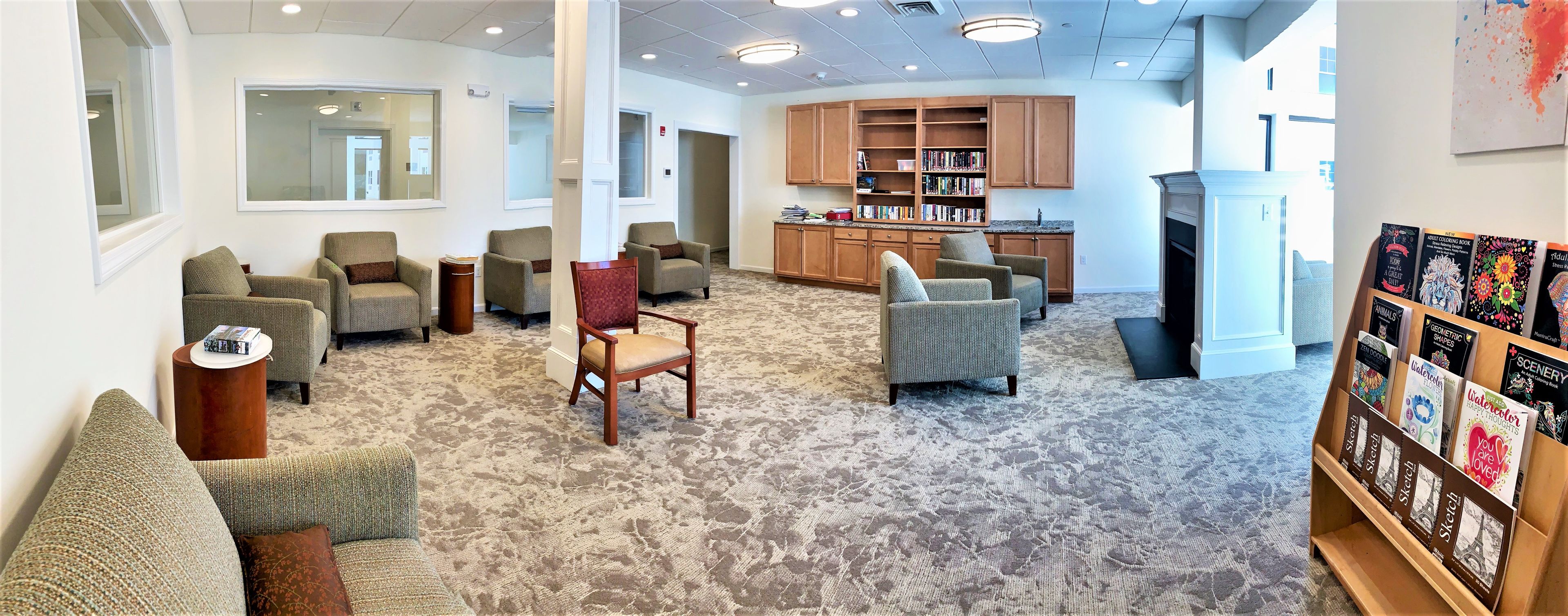 Our Reading Lounge features books of all kinds as well as a relaxing fireplace