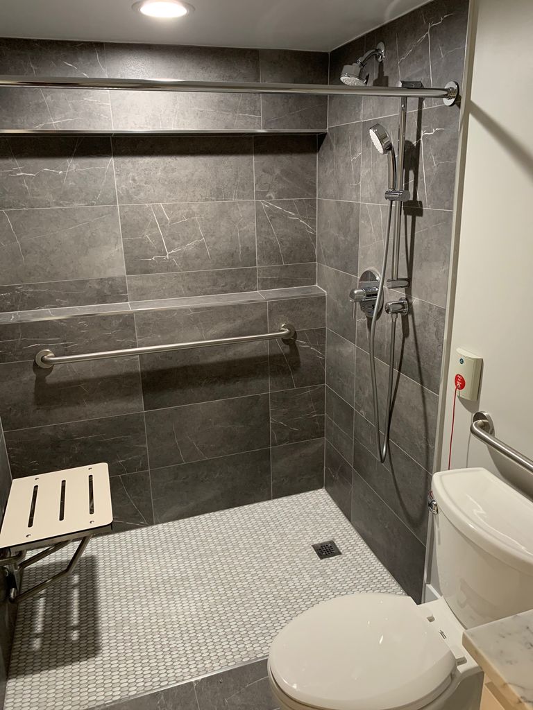 Senior Safe Bathrooms:  Curbless entry modern design 